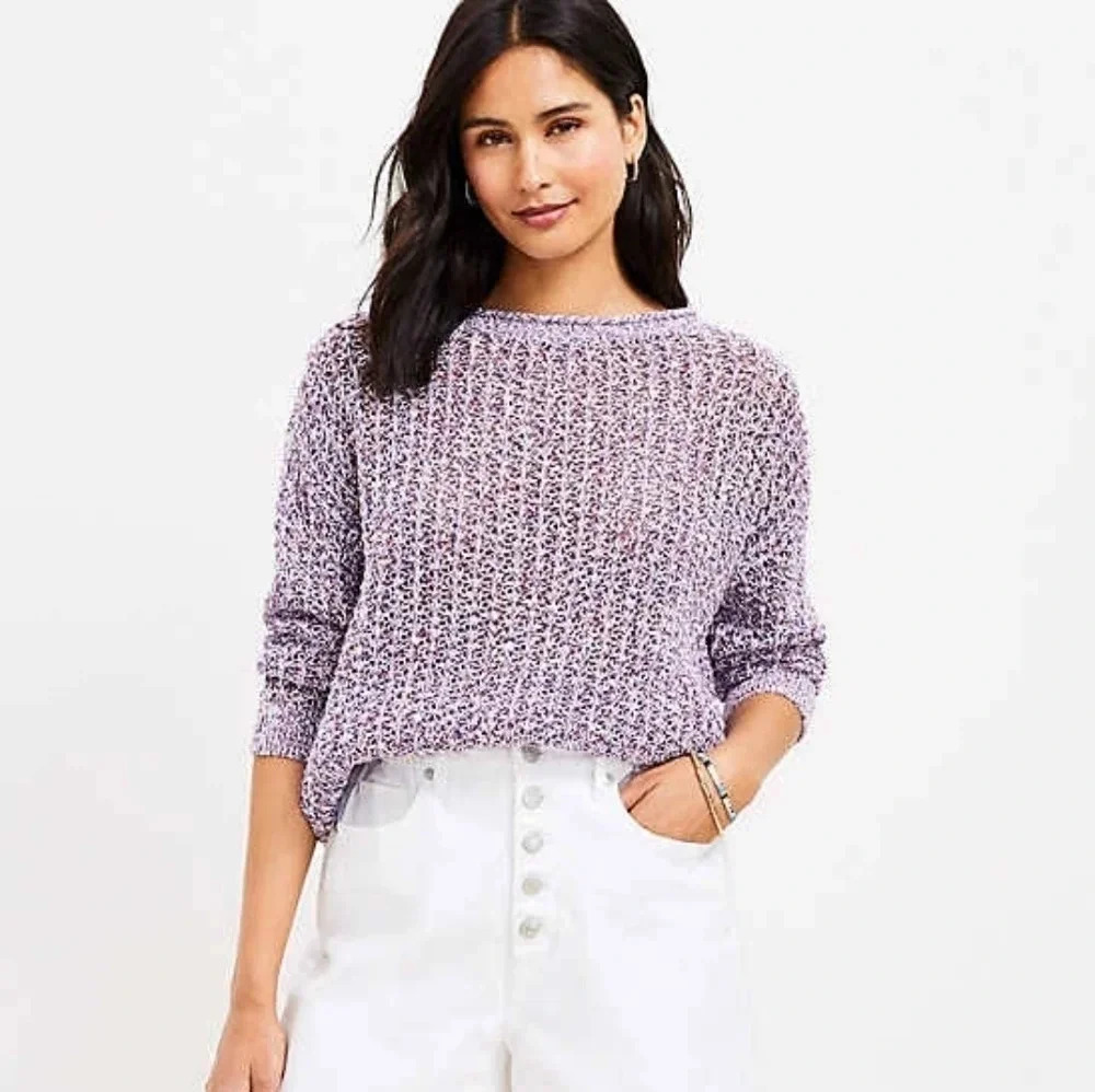 Loft Open Stitched 3/4 Sleeve Sweater, Color Blue/Red/White Size XS